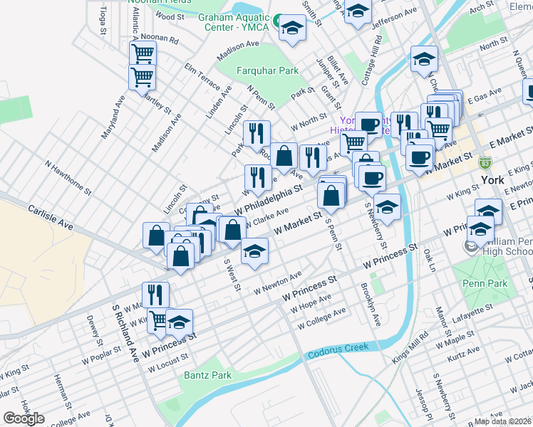map of restaurants, bars, coffee shops, grocery stores, and more near 35 North Hartley Street in York