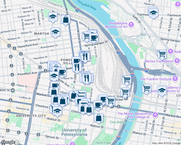 map of restaurants, bars, coffee shops, grocery stores, and more near in Philadelphia