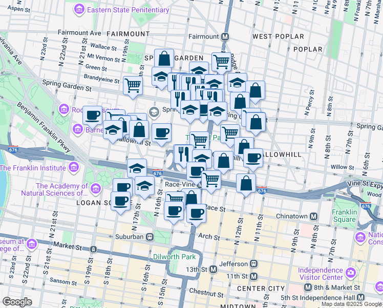map of restaurants, bars, coffee shops, grocery stores, and more near 400 North Broad Street in Philadelphia