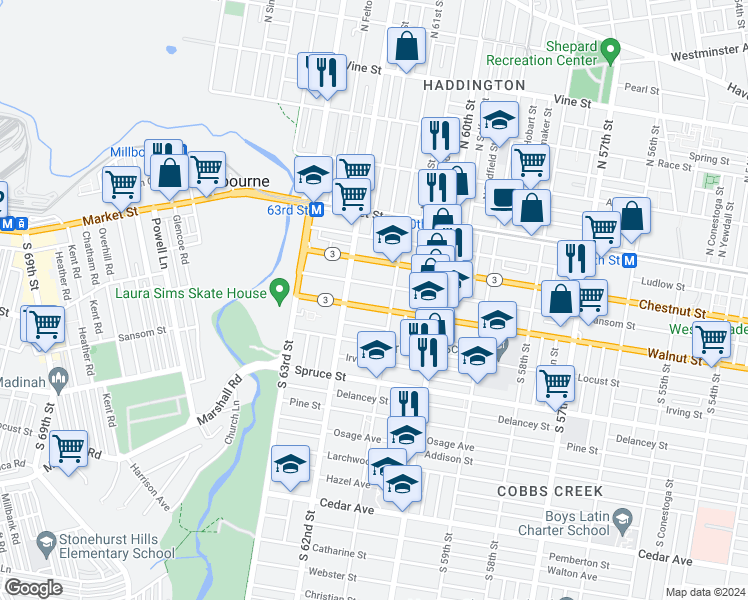 map of restaurants, bars, coffee shops, grocery stores, and more near 6125 Walnut Street in Philadelphia
