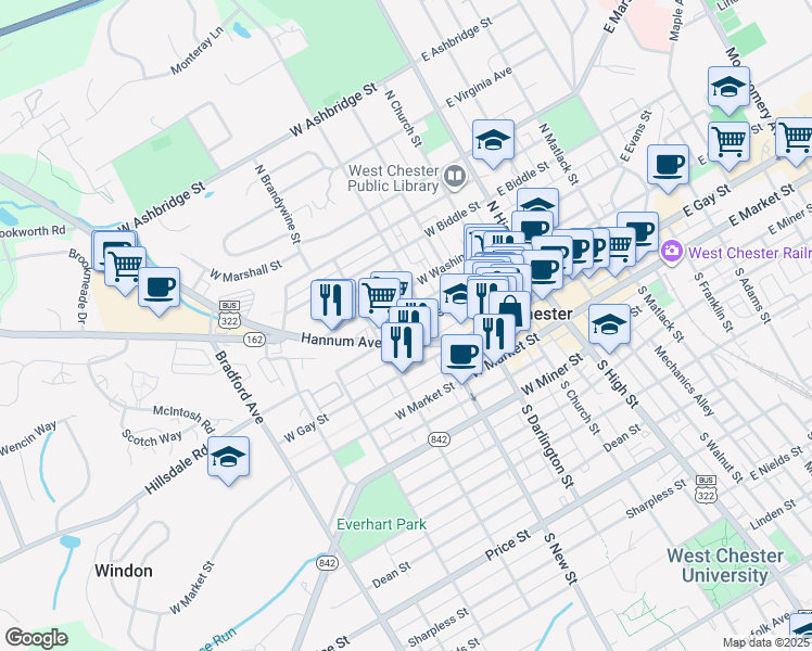 map of restaurants, bars, coffee shops, grocery stores, and more near 218 North New Street in West Chester
