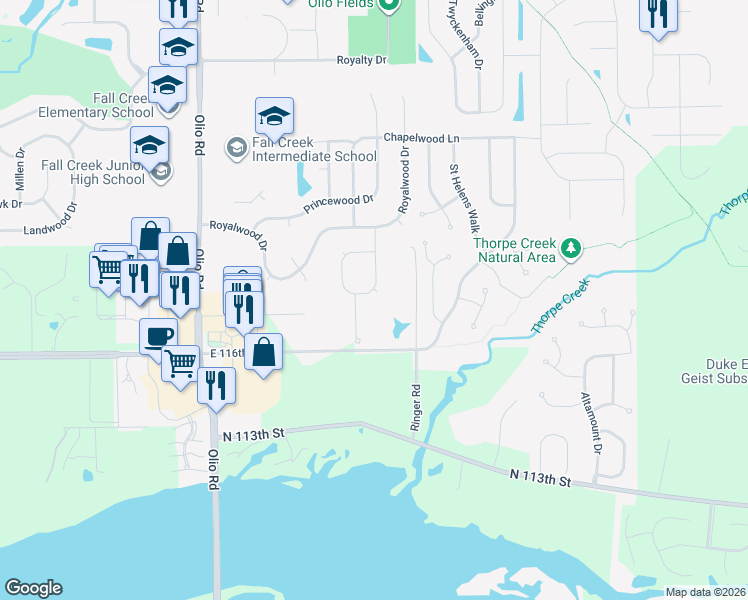 map of restaurants, bars, coffee shops, grocery stores, and more near 11765 Monarchy Lane in Fishers