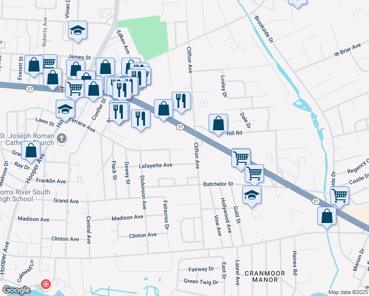 map of restaurants, bars, coffee shops, grocery stores, and more near 281 New Jersey 37 in Toms River