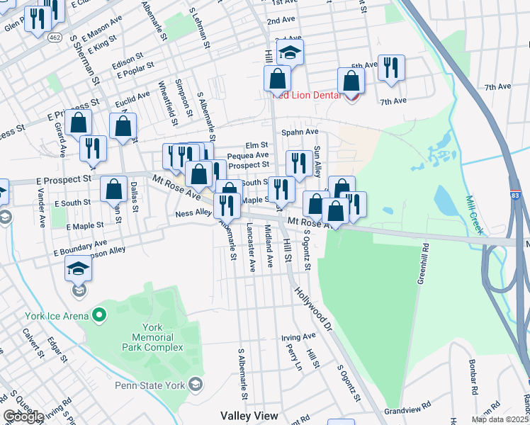 map of restaurants, bars, coffee shops, grocery stores, and more near 1221 Mount Rose Avenue in York