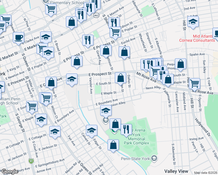 map of restaurants, bars, coffee shops, grocery stores, and more near 535 Girard Avenue in York
