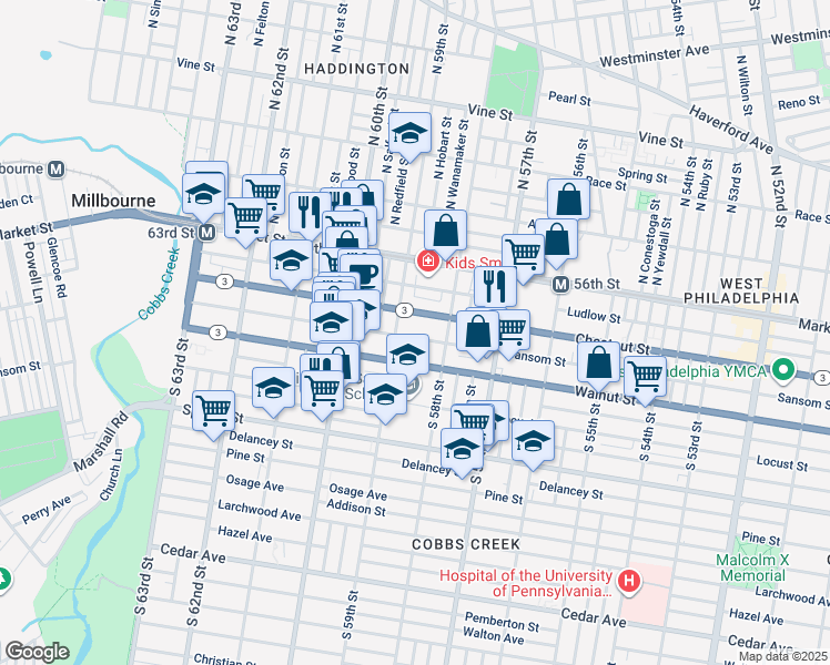 map of restaurants, bars, coffee shops, grocery stores, and more near 5841 Sansom Street in Philadelphia