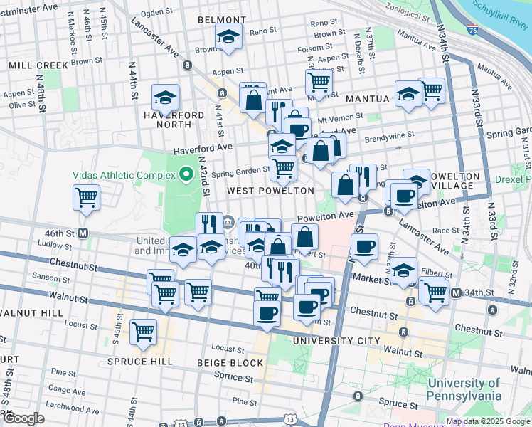 map of restaurants, bars, coffee shops, grocery stores, and more near 316 Wiota Street in Philadelphia