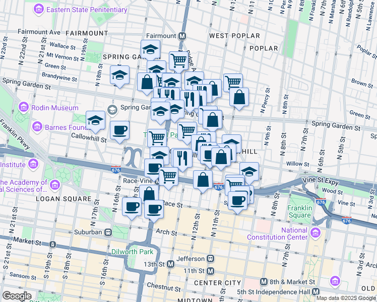 map of restaurants, bars, coffee shops, grocery stores, and more near 406 North 13th Street in Philadelphia