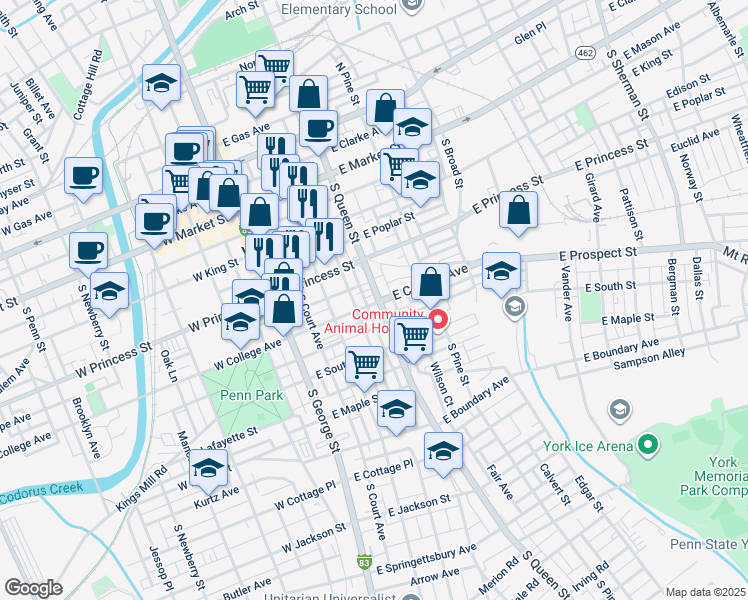 map of restaurants, bars, coffee shops, grocery stores, and more near 254 South Queen Street in York