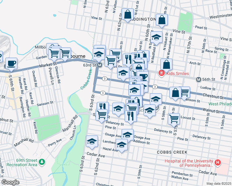 map of restaurants, bars, coffee shops, grocery stores, and more near 6133 Walnut Street in Philadelphia