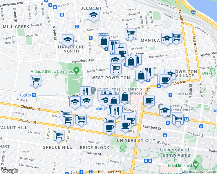 map of restaurants, bars, coffee shops, grocery stores, and more near 316 N Wiota St in Philadelphia