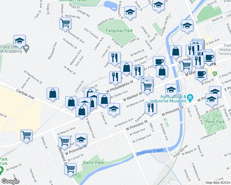 map of restaurants, bars, coffee shops, grocery stores, and more near 44 North Hartley Street in York