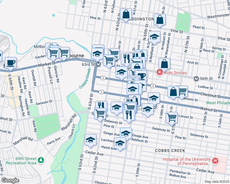 map of restaurants, bars, coffee shops, grocery stores, and more near 6129 Walnut Street in Philadelphia