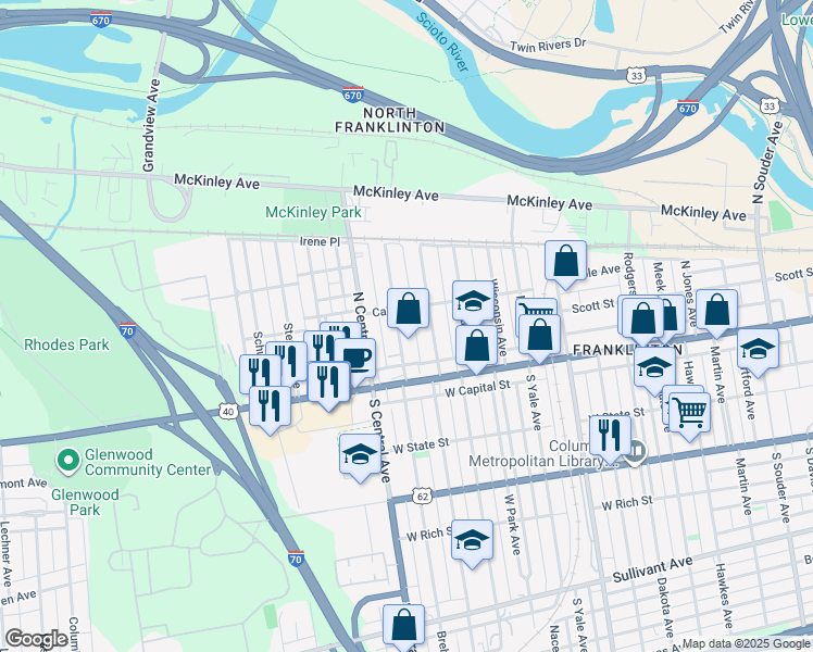 map of restaurants, bars, coffee shops, grocery stores, and more near 98 Hayden Avenue in Columbus