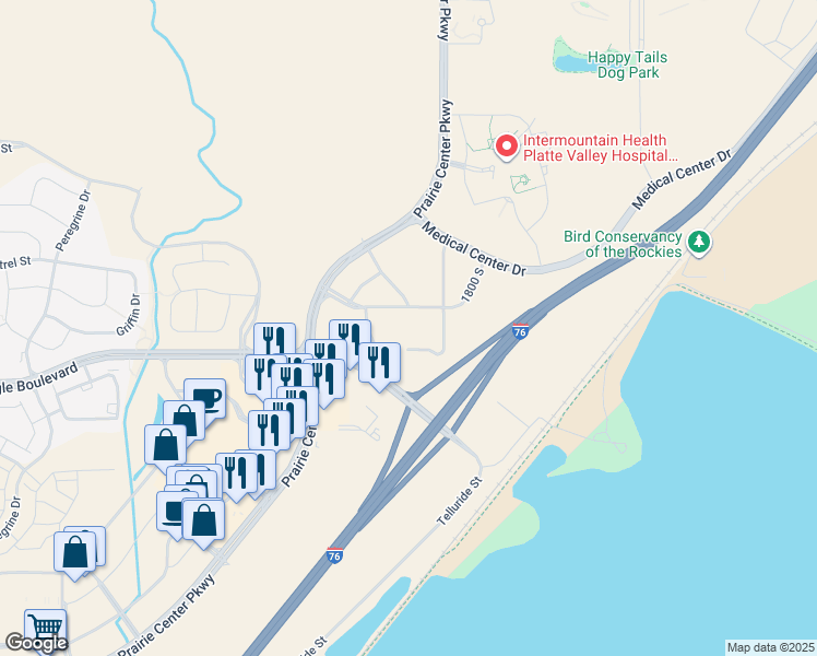 map of restaurants, bars, coffee shops, grocery stores, and more near 1950 Prairie Center Parkway in Brighton