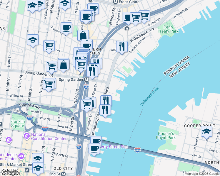 map of restaurants, bars, coffee shops, grocery stores, and more near 31 North Piers in Philadelphia
