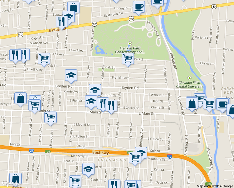 map of restaurants, bars, coffee shops, grocery stores, and more near 1639 Bryden Road in Columbus