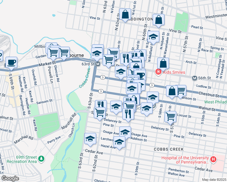 map of restaurants, bars, coffee shops, grocery stores, and more near 6133 Walnut Street in Philadelphia