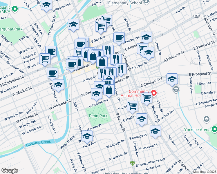 map of restaurants, bars, coffee shops, grocery stores, and more near in York