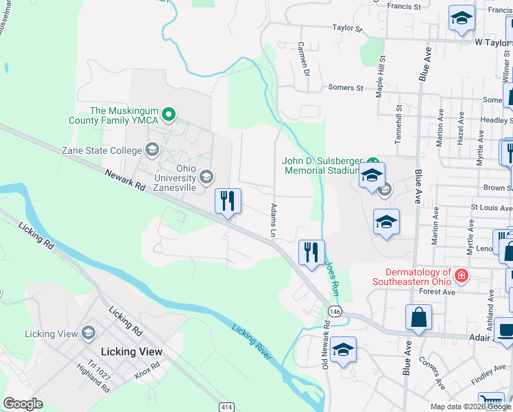 map of restaurants, bars, coffee shops, grocery stores, and more near 1609 Doaks Lane in Zanesville