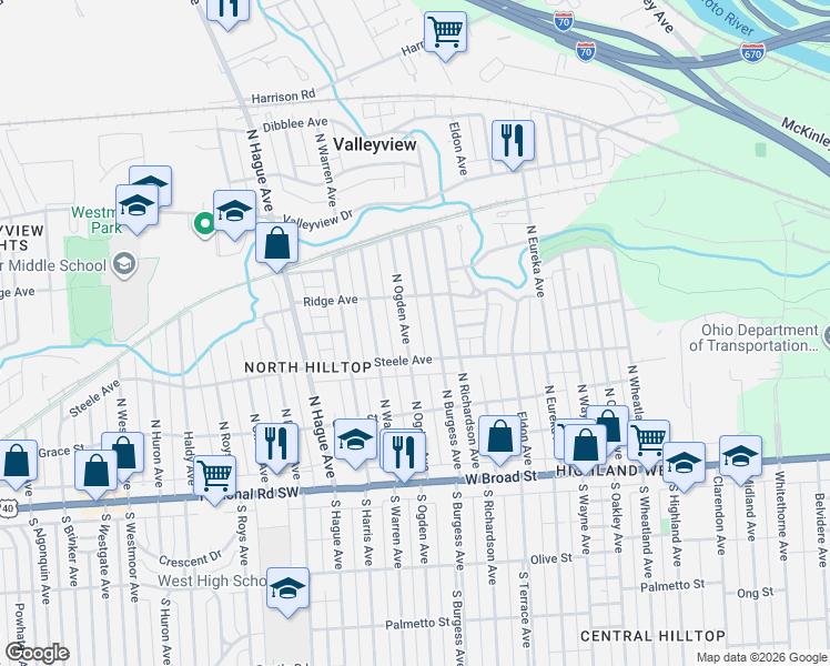 map of restaurants, bars, coffee shops, grocery stores, and more near 233 North Ogden Avenue in Columbus