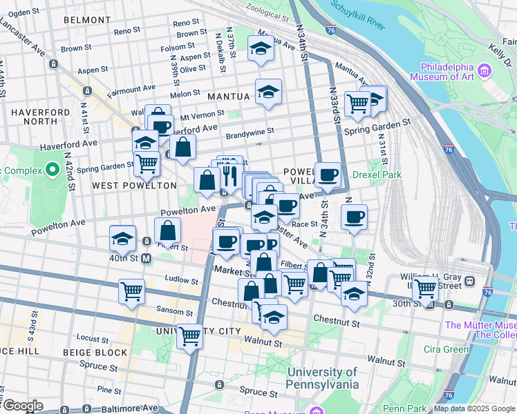 map of restaurants, bars, coffee shops, grocery stores, and more near 3630 Powelton Avenue in Philadelphia