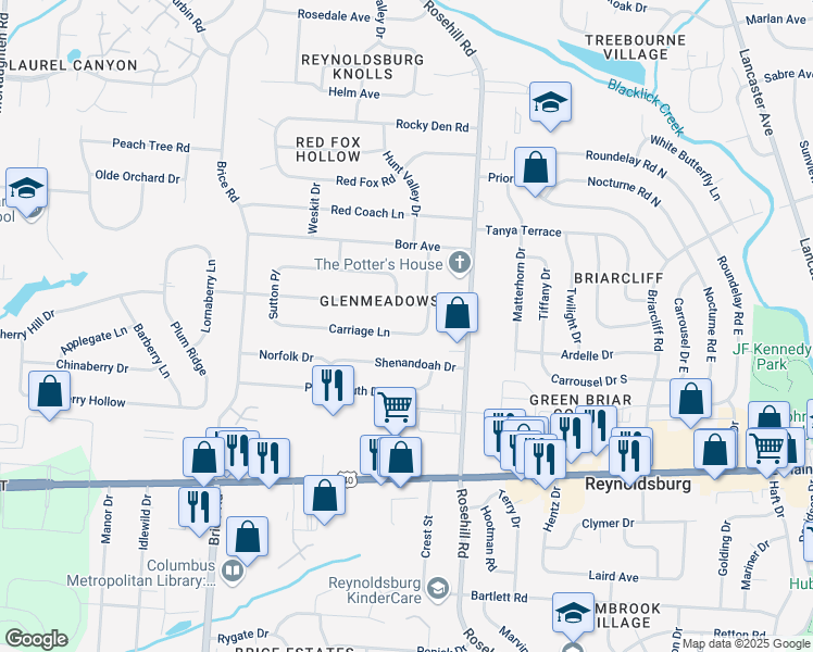 map of restaurants, bars, coffee shops, grocery stores, and more near 6629 Balsam Drive in Reynoldsburg