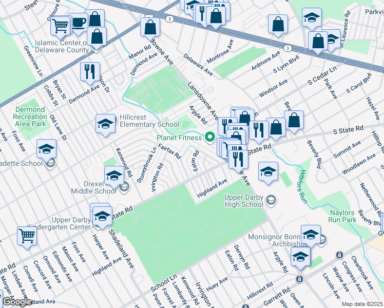 map of restaurants, bars, coffee shops, grocery stores, and more near 854 Eaton Road in Drexel Hill