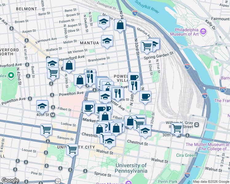 map of restaurants, bars, coffee shops, grocery stores, and more near 3500 Powelton Avenue in Philadelphia