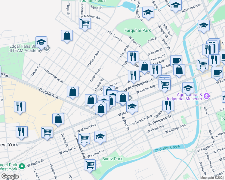 map of restaurants, bars, coffee shops, grocery stores, and more near 121 North West Street in York