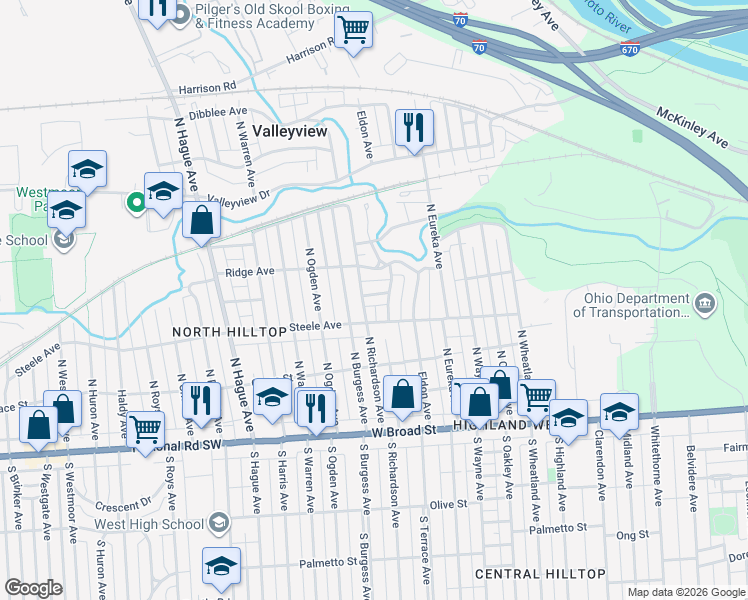 map of restaurants, bars, coffee shops, grocery stores, and more near 2520 Sutton Avenue in Columbus