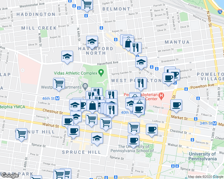 map of restaurants, bars, coffee shops, grocery stores, and more near 329 North 42nd Street in Philadelphia