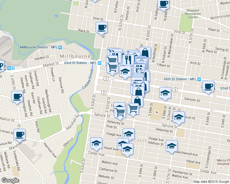 map of restaurants, bars, coffee shops, grocery stores, and more near 6143 Walnut Street in Philadelphia
