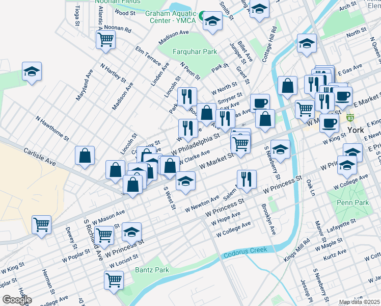 map of restaurants, bars, coffee shops, grocery stores, and more near 42 North Hartley Street in York