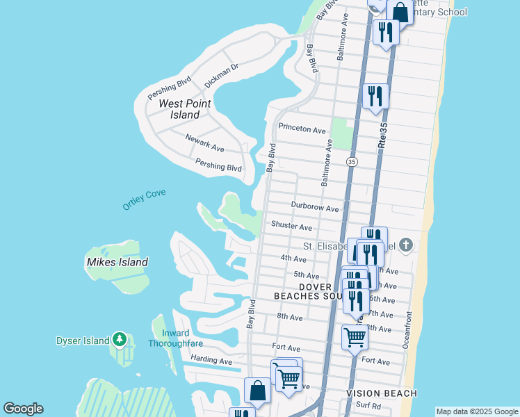map of restaurants, bars, coffee shops, grocery stores, and more near 2031 Bay Boulevard in Seaside Heights
