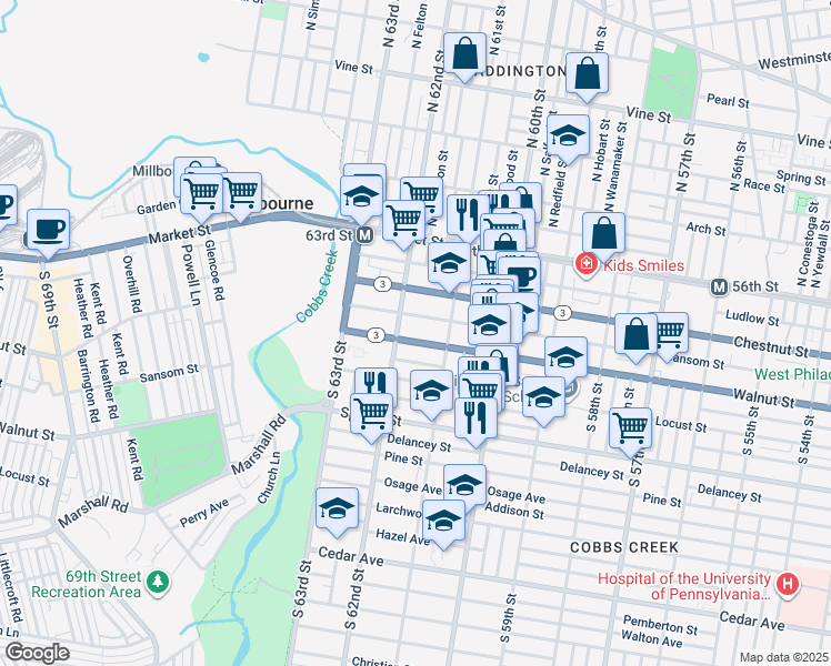 map of restaurants, bars, coffee shops, grocery stores, and more near 6143 Walnut Street in Philadelphia