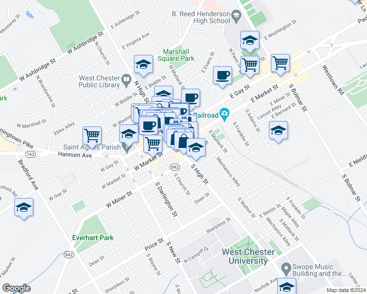 map of restaurants, bars, coffee shops, grocery stores, and more near 13 S High St in West Chester