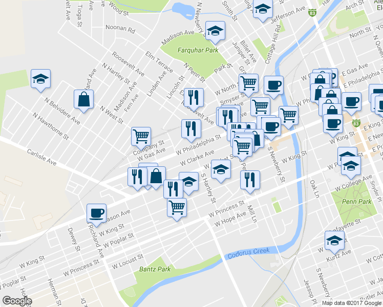 map of restaurants, bars, coffee shops, grocery stores, and more near 500 West Philadelphia Street in York