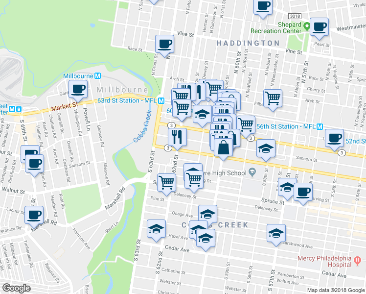 map of restaurants, bars, coffee shops, grocery stores, and more near 6153 Walnut Street in Philadelphia