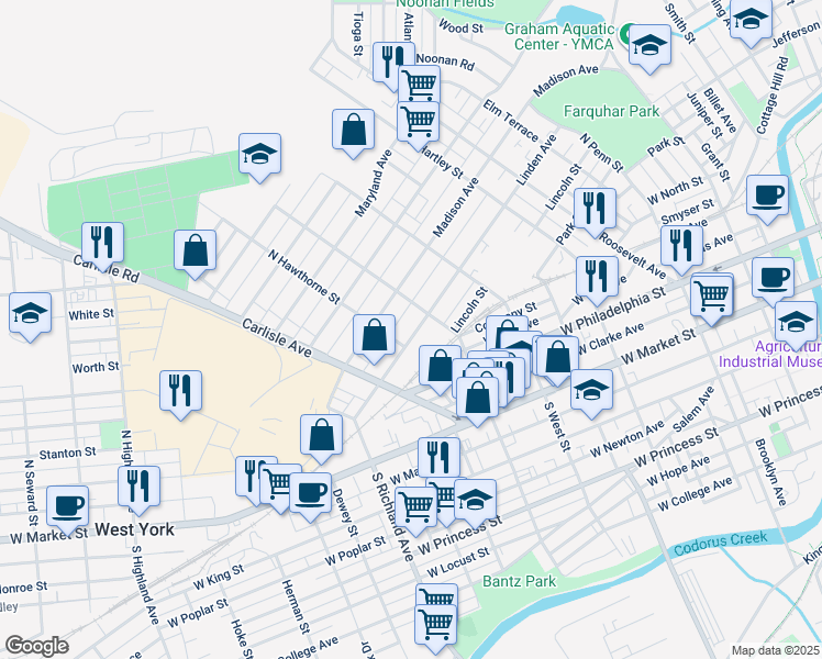 map of restaurants, bars, coffee shops, grocery stores, and more near 729 Linden Avenue in York
