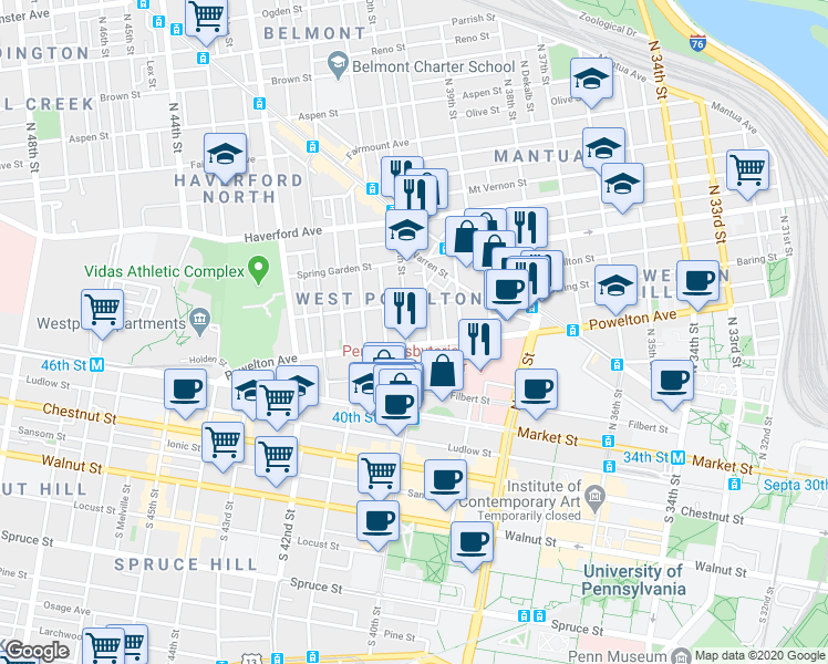 map of restaurants, bars, coffee shops, grocery stores, and more near 313 North 40th Street in Philadelphia