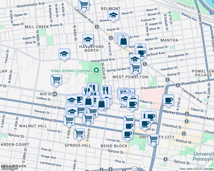 map of restaurants, bars, coffee shops, grocery stores, and more near 329 North 42nd Street in Philadelphia
