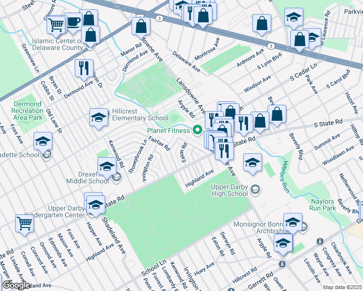 map of restaurants, bars, coffee shops, grocery stores, and more near 854 Eaton Road in Drexel Hill