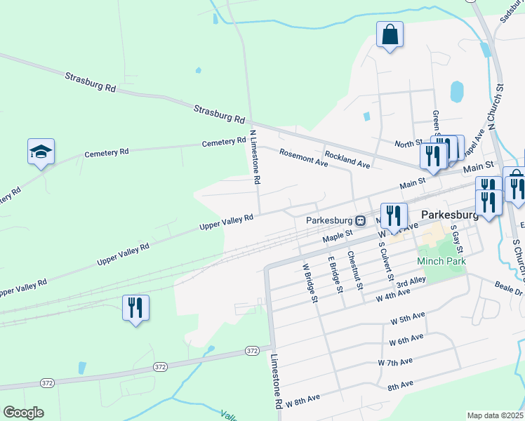 map of restaurants, bars, coffee shops, grocery stores, and more near 765 Main Street in Parkesburg