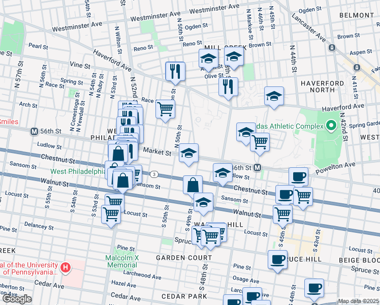 map of restaurants, bars, coffee shops, grocery stores, and more near 4913 Market Street in Philadelphia