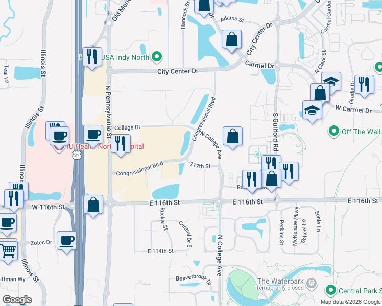 map of restaurants, bars, coffee shops, grocery stores, and more near 571 Congressional Boulevard in Carmel
