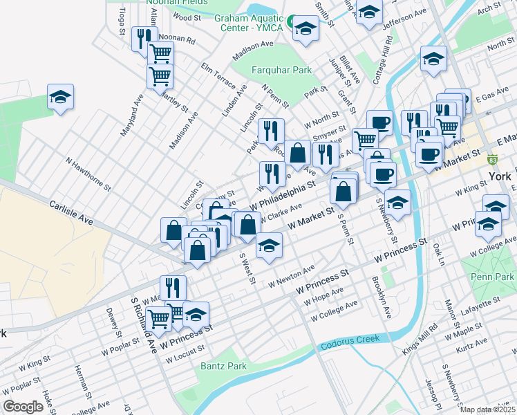 map of restaurants, bars, coffee shops, grocery stores, and more near 534 West Philadelphia Street in York
