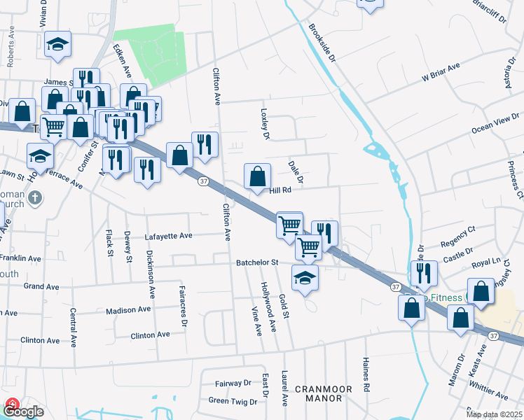 map of restaurants, bars, coffee shops, grocery stores, and more near 314 New Jersey 37 in Toms River