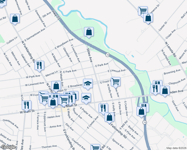 map of restaurants, bars, coffee shops, grocery stores, and more near 307 East Linwood Avenue in Maple Shade