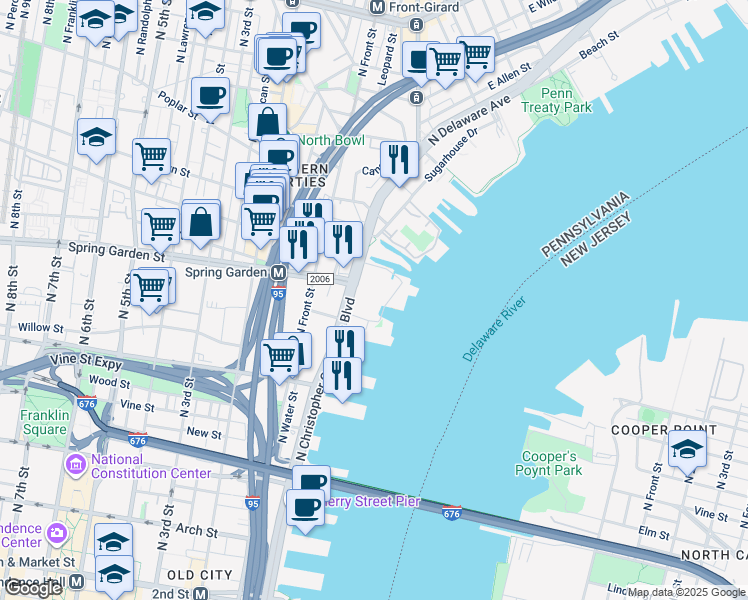 map of restaurants, bars, coffee shops, grocery stores, and more near 31 North Piers in Philadelphia